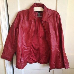 Dialogue Red Leather Jacket with Classic Collar